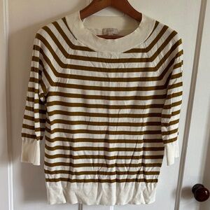 LOFT Cream and Olive Striped Lightweight Sweater